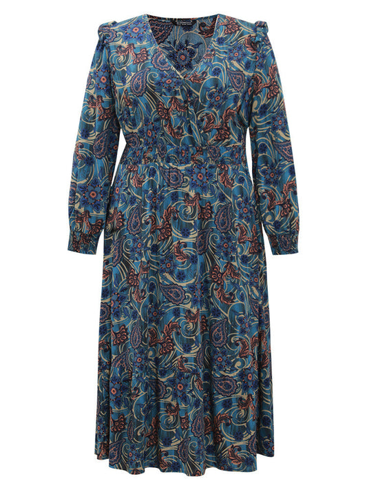 Bandana Print Shirred Pocket Frill Trim Dress