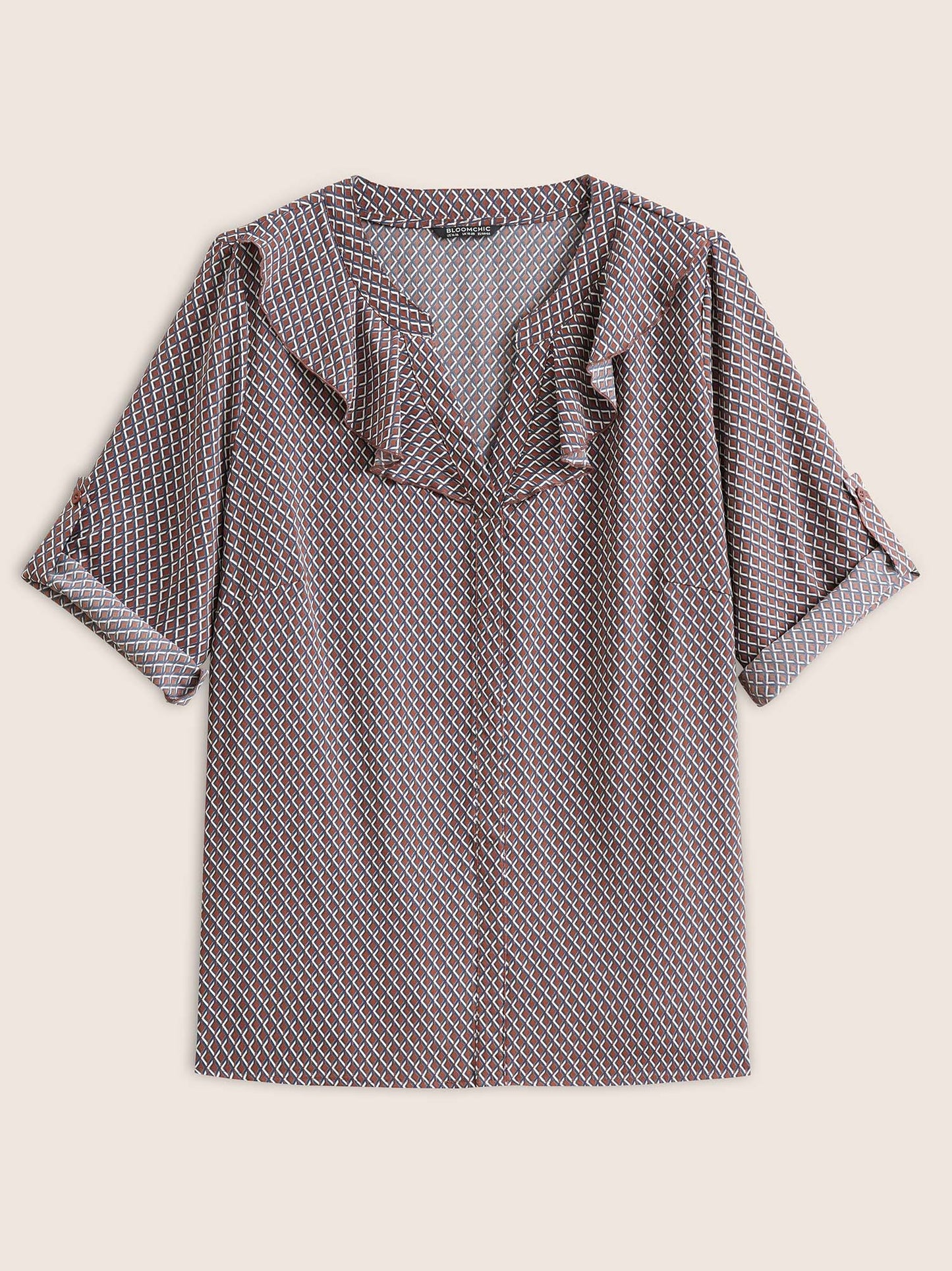 Gingham Ruffle Trim Tab Sleeve Blouse