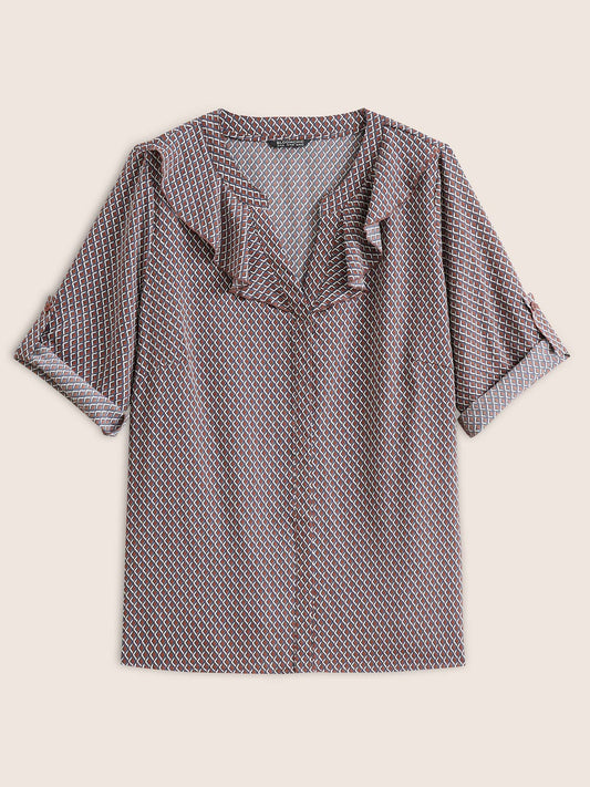 Gingham Ruffle Trim Tab Sleeve Blouse