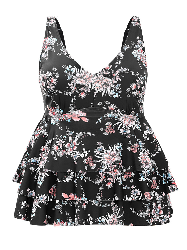 Floral Printed Ruffle Tiered Adjustable Straps Tankini Top