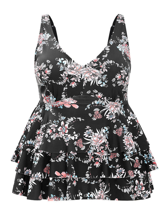 Floral Printed Ruffle Tiered Adjustable Straps Tankini Top