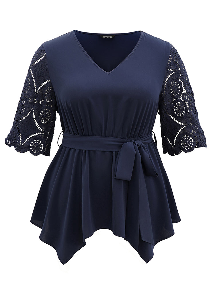 Lace Patchwork Belted Hanky Hem Blouse