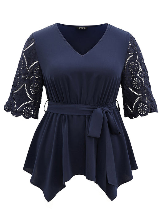 Lace Patchwork Belted Hanky Hem Blouse