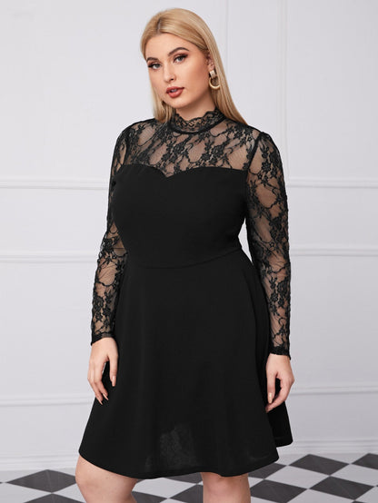 Mock-Neck Lace Yoke and Sleeve Dress
