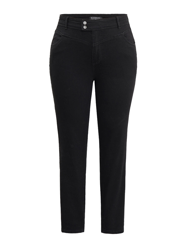 Plain Black Wash Button Through Jeans