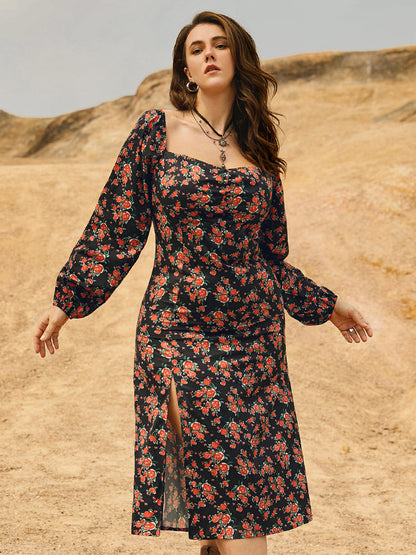 Square Neck Ditsy Floral Split  Dress