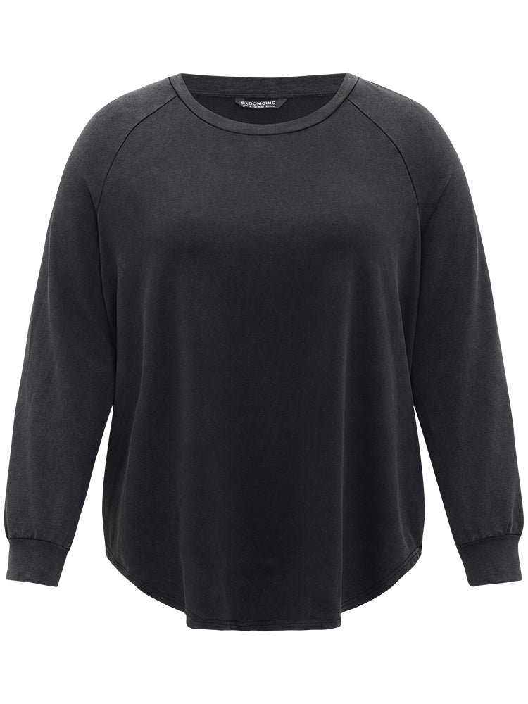 Plain Raglan Sleeve Round Neck  Arc Hem Sweatshirt