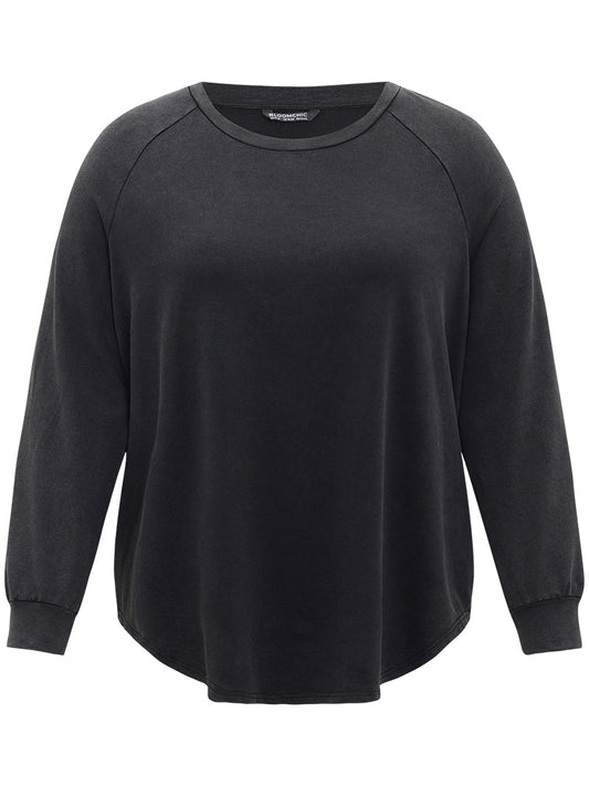 Plain Raglan Sleeve Round Neck  Arc Hem Sweatshirt
