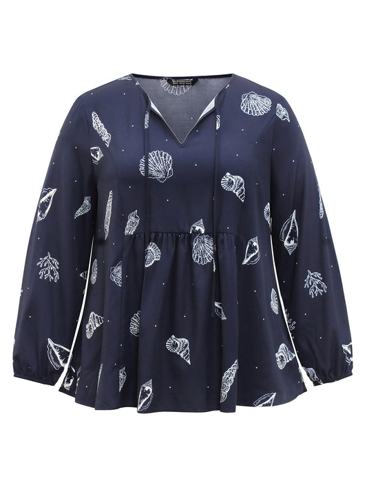 Marine Life Patterns Ties Gathered Blouse