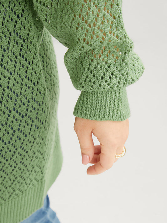 Plain Pointelle Knit Loose Geometric Eyelet Open Front Cardigan