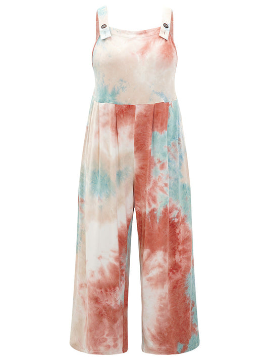 Tie Dye Pocket Button Adjustable Straps Jumpsuit