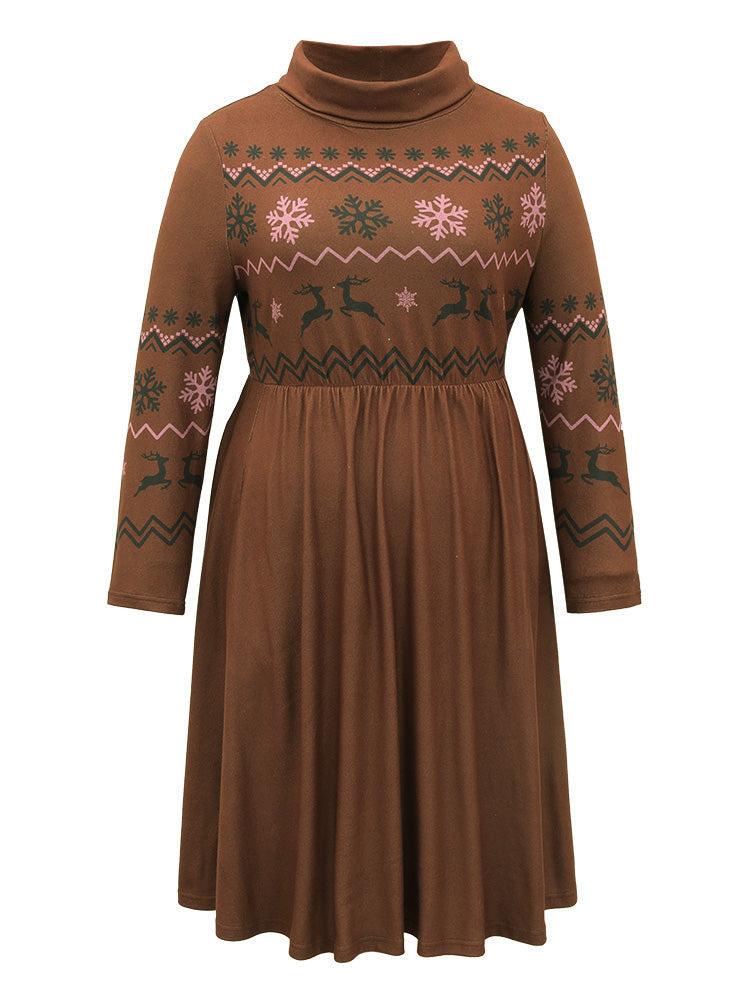 Christmas Print Turtleneck Elastic Waist Gathered Dress