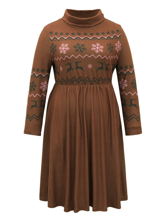 Christmas Print Turtleneck Elastic Waist Gathered Dress