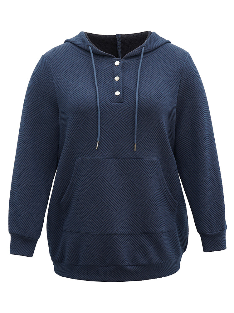 Solid Textured Button Up Pocket Hooded Drawstring Sweatshirt