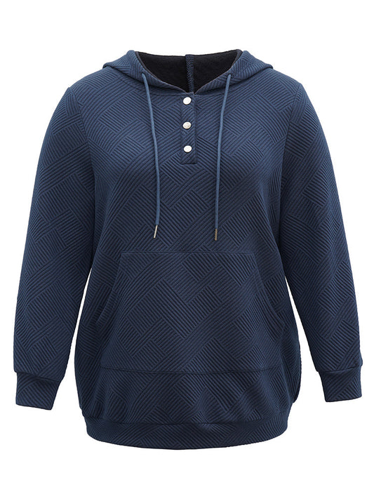 Solid Textured Button Up Pocket Hooded Drawstring Sweatshirt