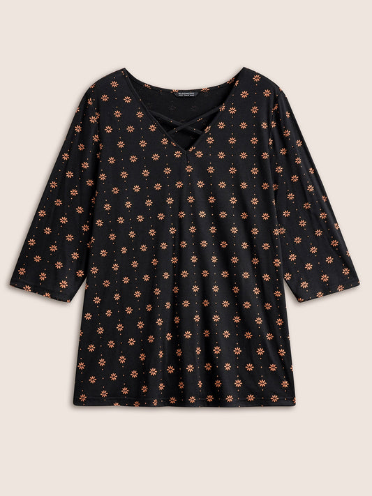 Ditsy Floral Print Crisscross Neck T-shirt