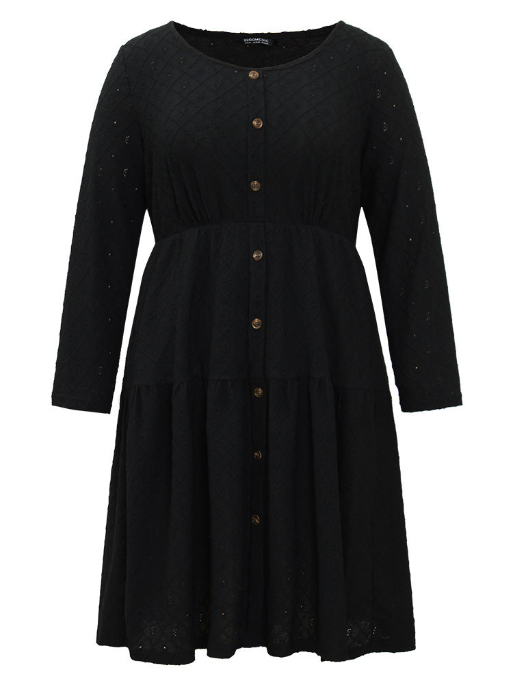 Plain Gathered Button Detail Texture Ruffle Hem Dress