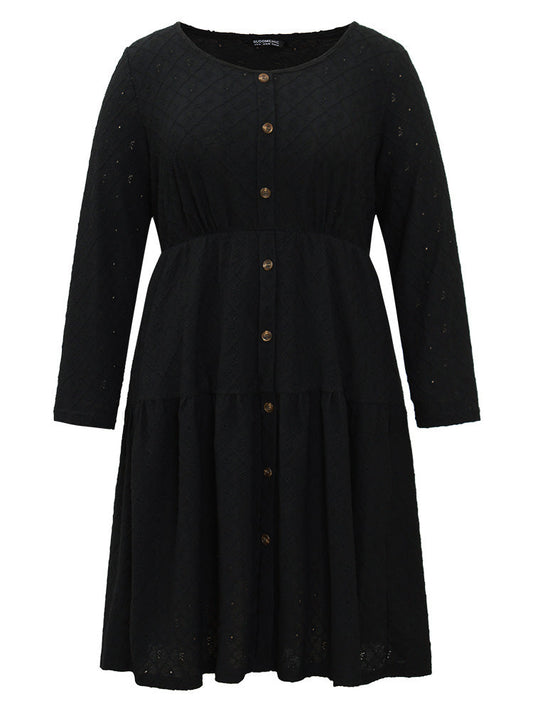 Plain Gathered Button Detail Texture Ruffle Hem Dress