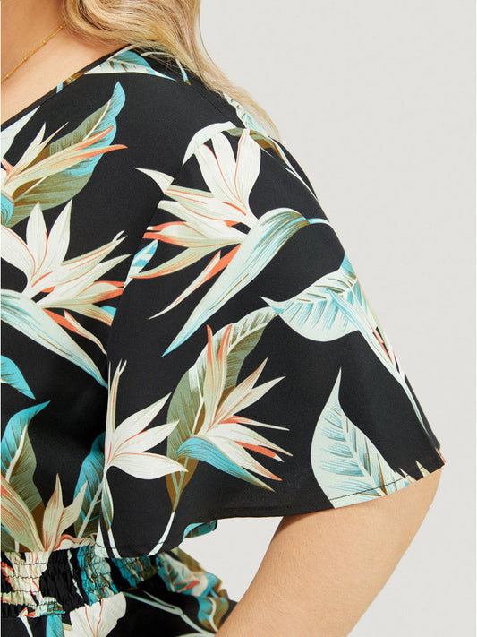 Tropical Wrap Ruffle Sleeve Shirred Jumpsuit