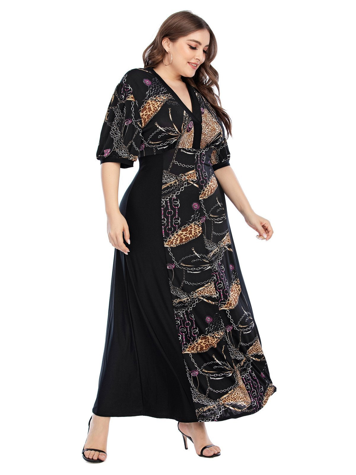 Printed Pacthwork Half-sleeve Maxi Dress