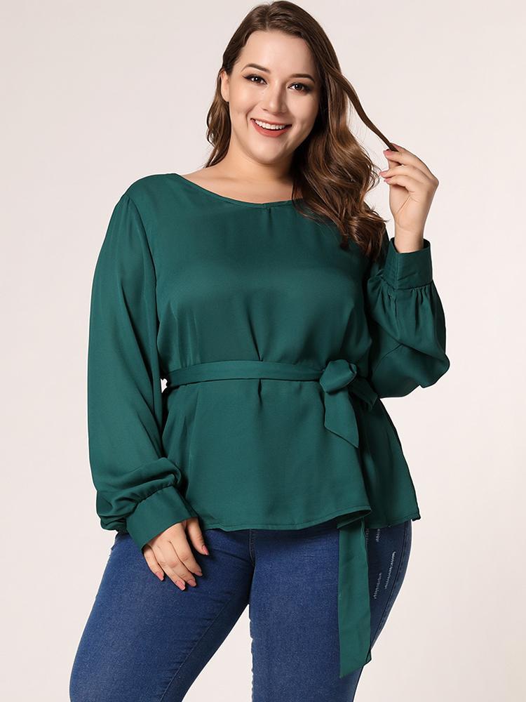 Lantern Sleeve Belt Solid Color Blouse