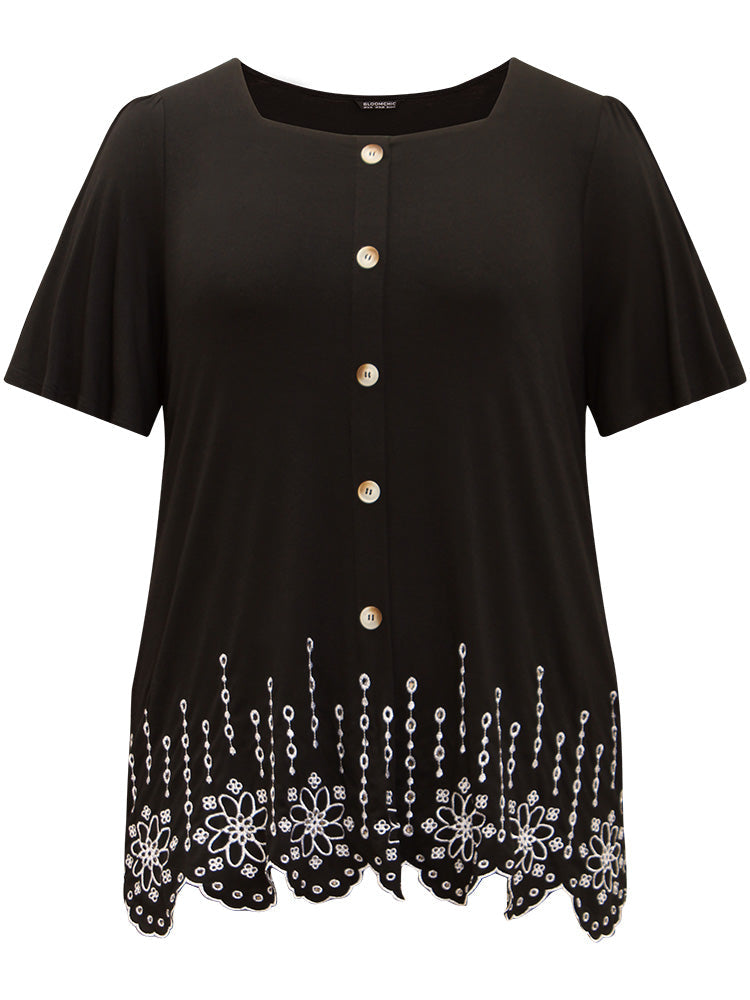 Embroidered Button Detail Scalloped Trim T-shirt