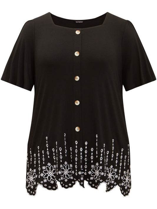 Embroidered Button Detail Scalloped Trim T-shirt