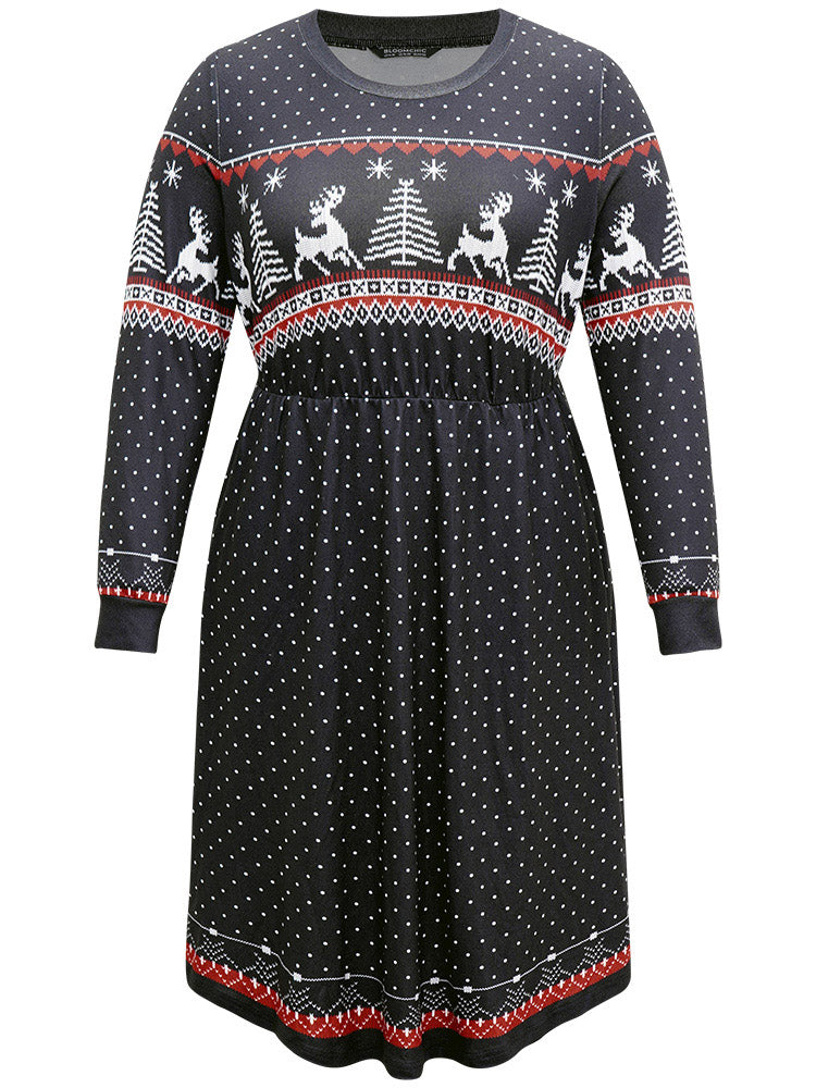 Christmas Elk Patchwork Polka Dot Pocket Dress