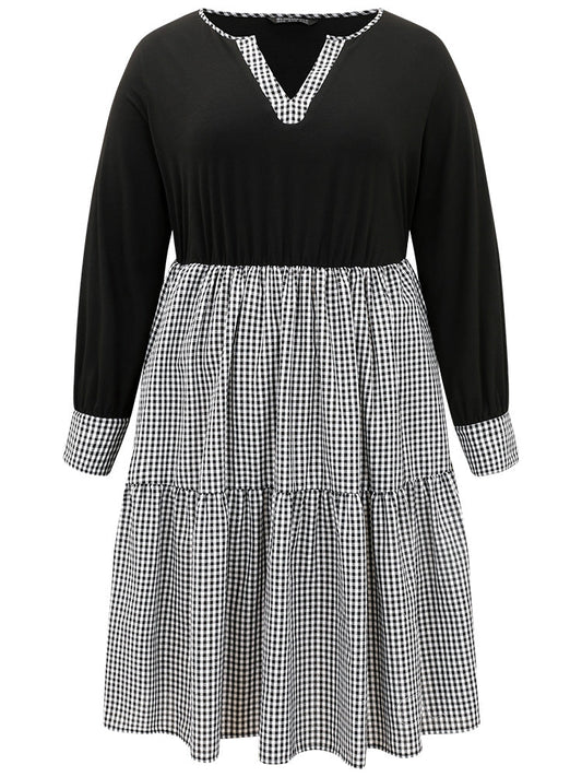 Notched Drawstring Gingham Patchwor Dress