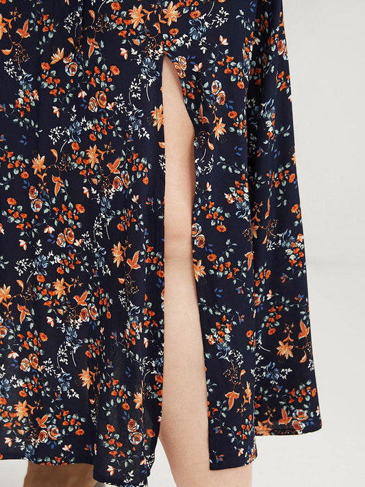 Floral Pocket Shirred Mock Neck Belted Split Hem Dress