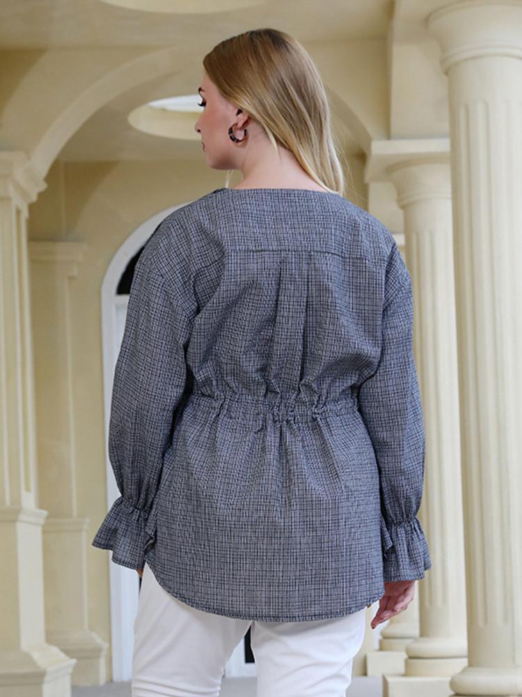Plaid V-neck Drawstring Waist Blouse