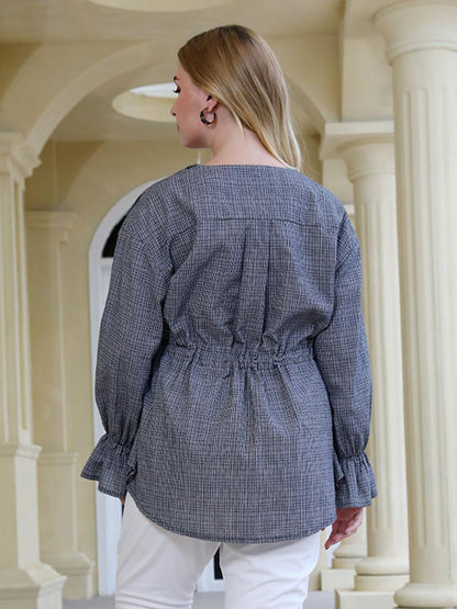 Plaid V-neck Drawstring Waist Blouse