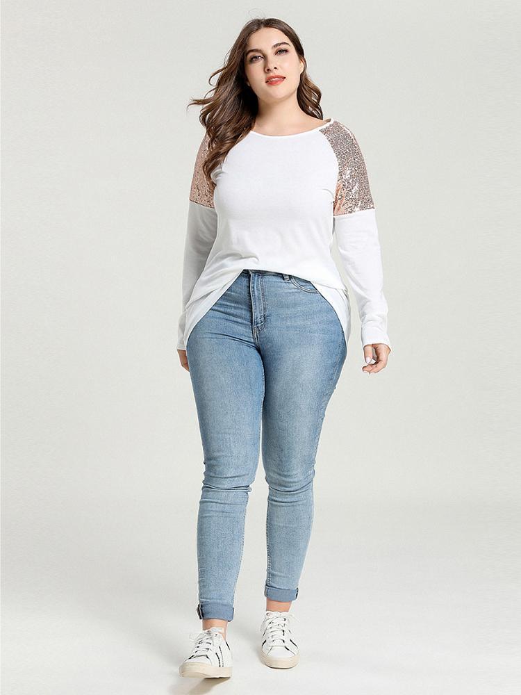 Sequin Patchwork Round Neck T-shirt