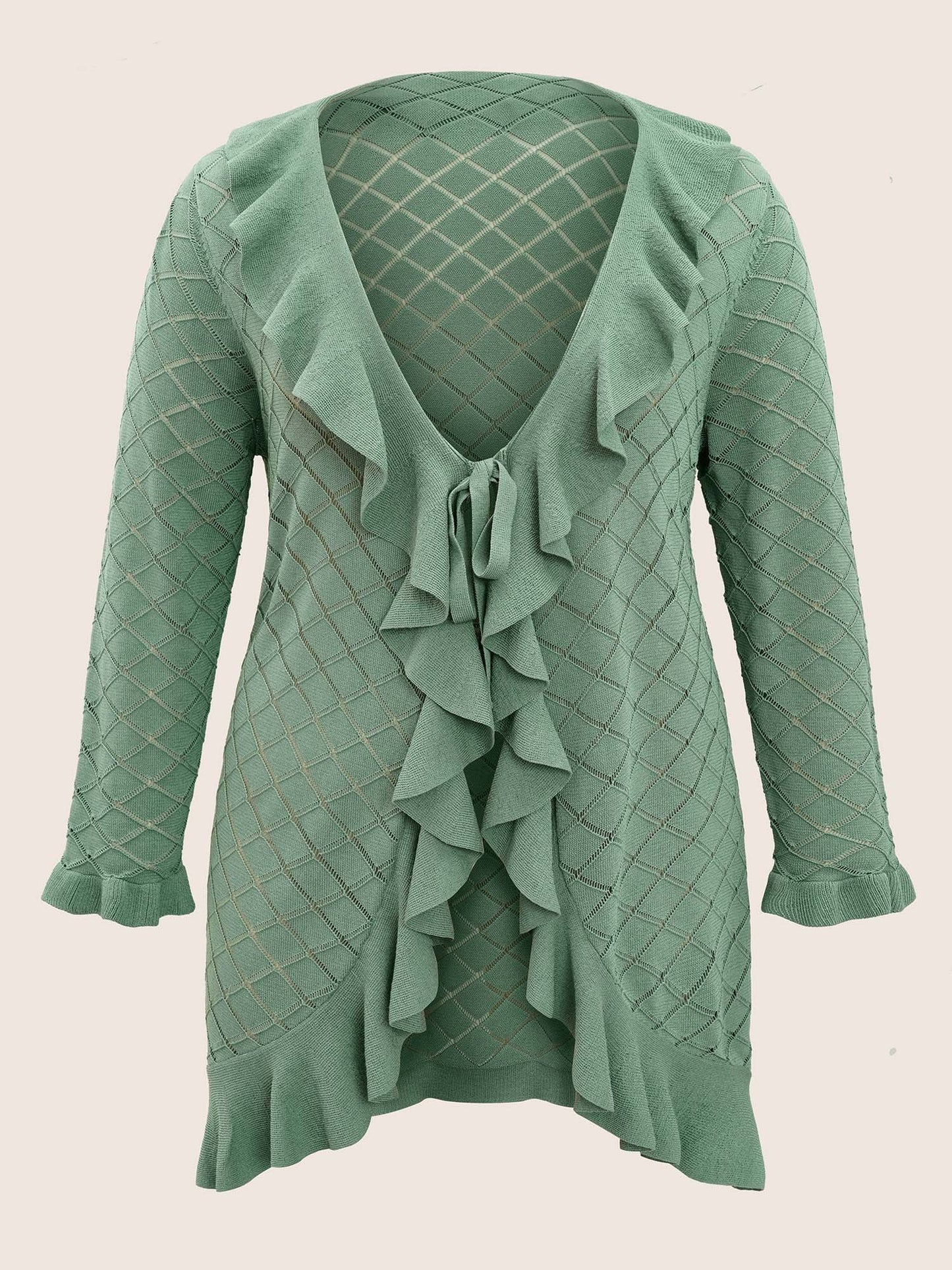 Plain Geometric Cut Out Ruffles Ties Cardigan