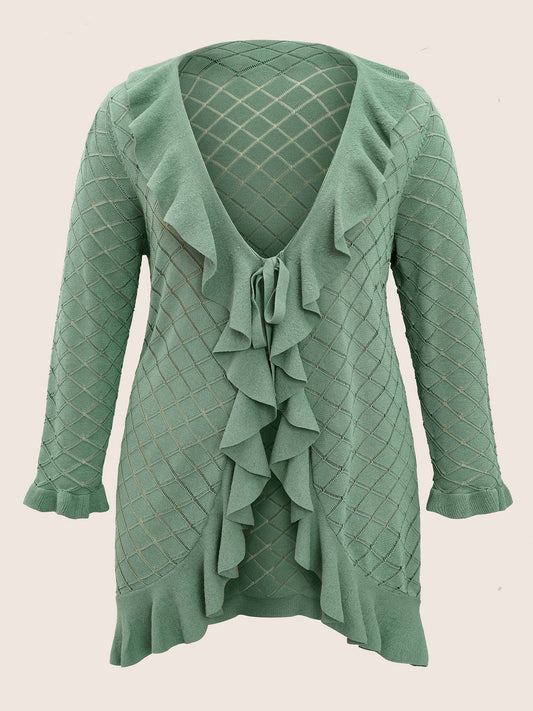 Plain Geometric Cut Out Ruffles Ties Cardigan