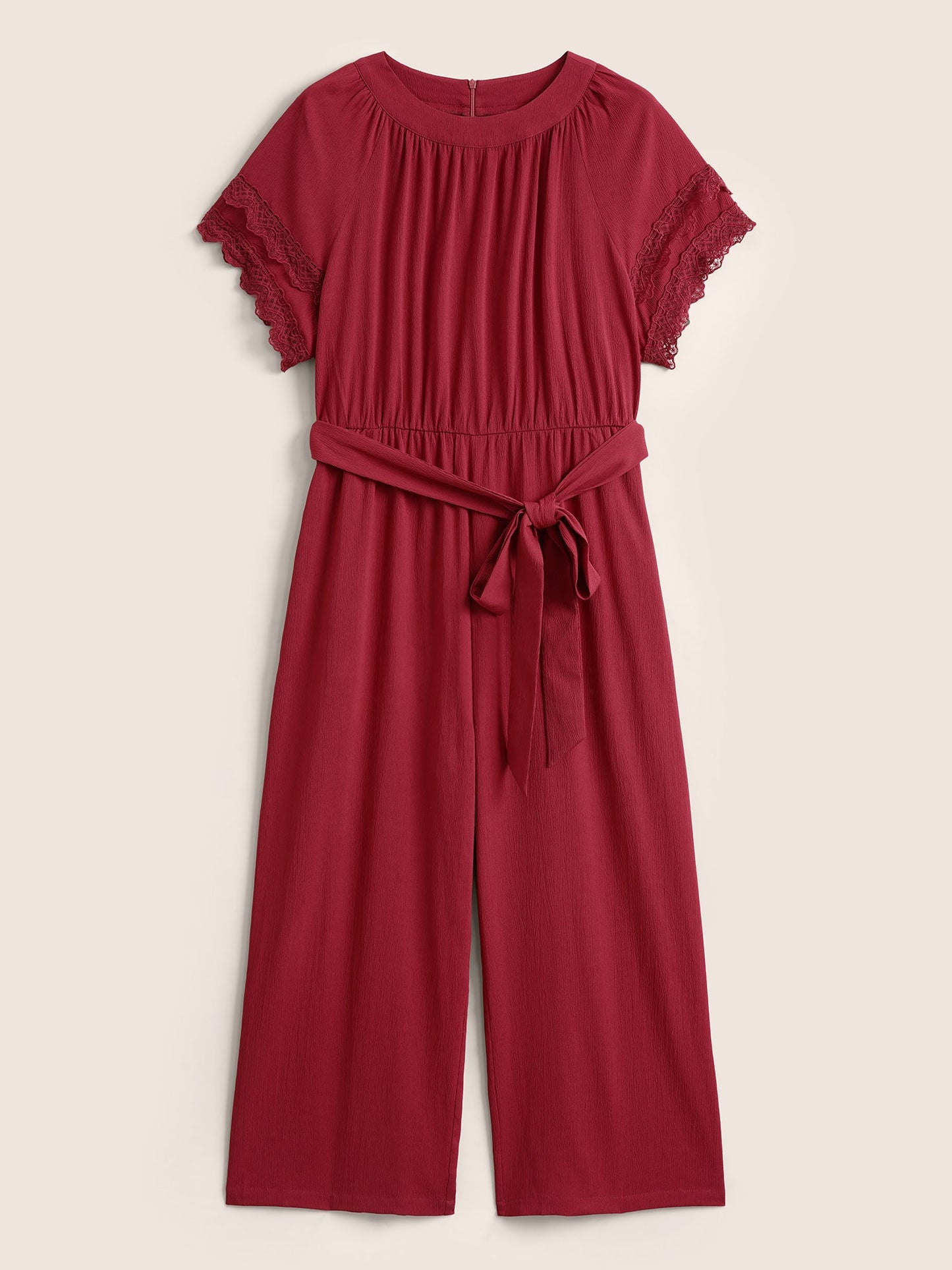 Solid Guipure Lace Pocket Belted Zipper Jumpsuit