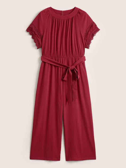 Solid Guipure Lace Pocket Belted Zipper Jumpsuit