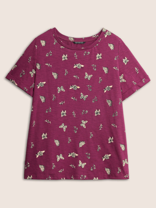 Butterfly Print Cuffed Sleeve T-shirt