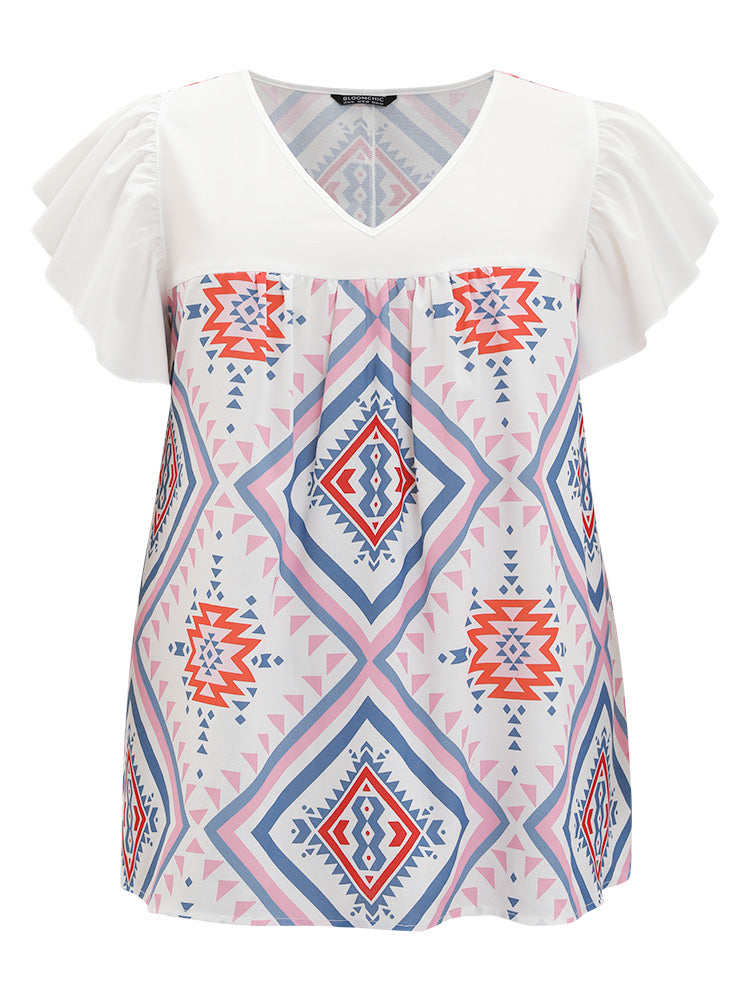 Bandana Print Flutter Cap Sleeve Gathered Blouse