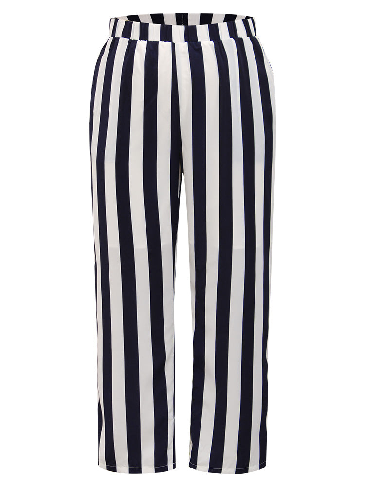 Striped Print Elastic Waist Woven Pants