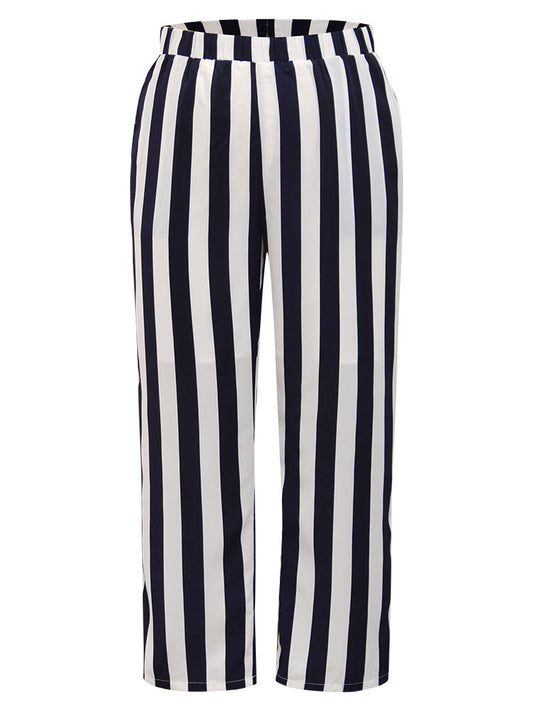 Striped Print Elastic Waist Woven Pants