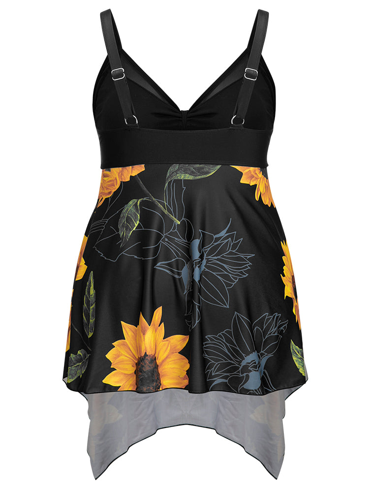 Floral Print Knotted Front Asymmetrical Hem Tankini Top