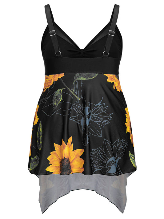 Floral Print Knotted Front Asymmetrical Hem Tankini Top
