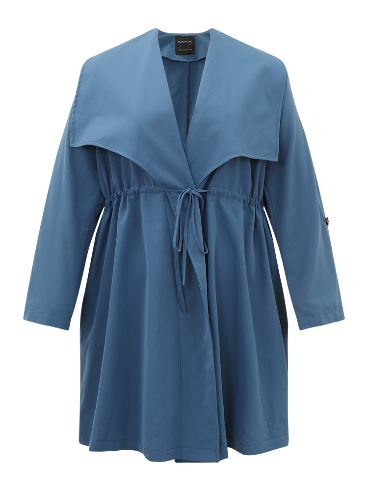 Plain Drawstring Pocket Lapel Collar Tab Sleeve Coat