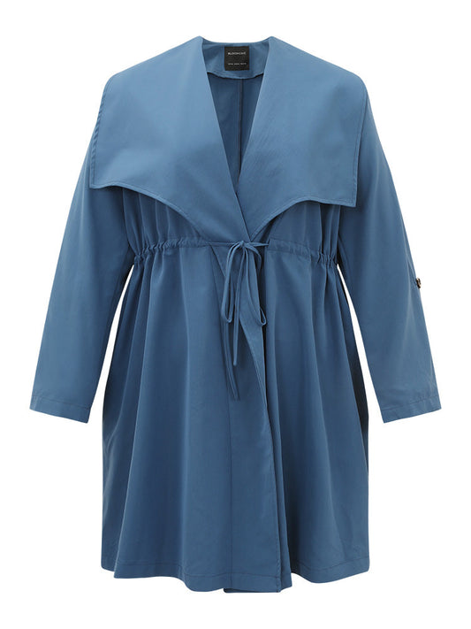 Plain Drawstring Pocket Lapel Collar Tab Sleeve Coat