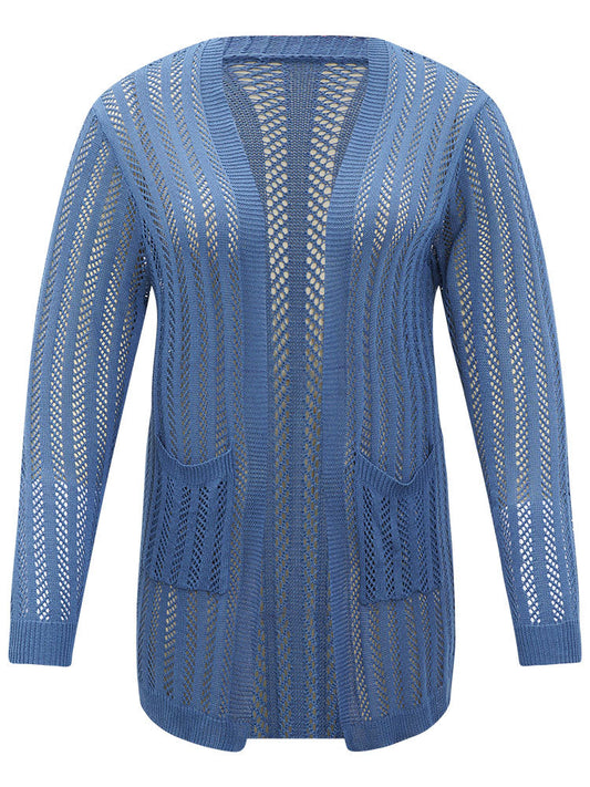 Geometric Eyelet Patched Pocket Elastic Cuffs Cardigan