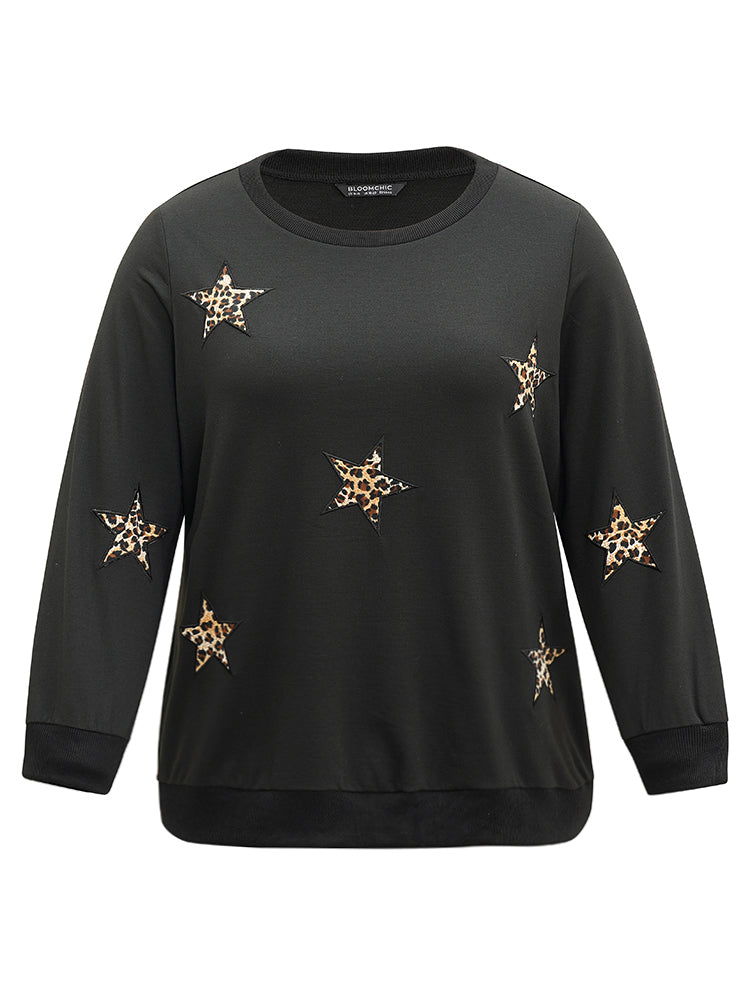 Leopard Star Rib Knit Crew Neck Sweatshirt