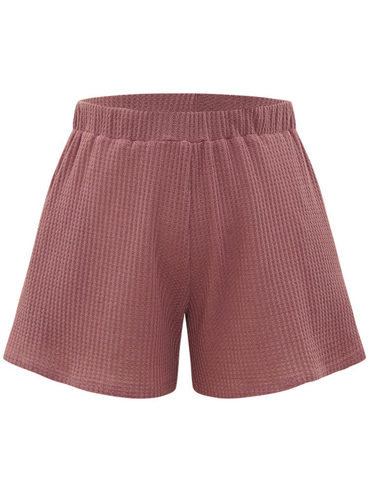 Plain Waffle Knit Sleep Elastic Waist Shorts