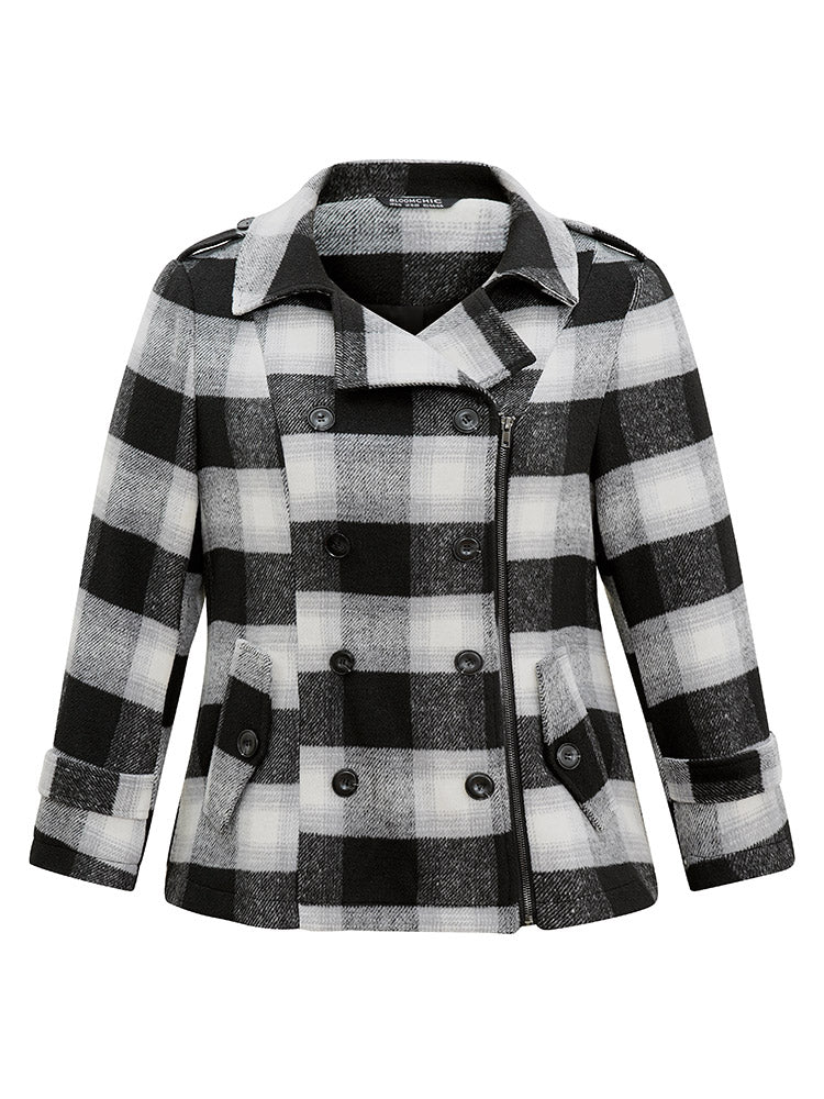 Plaid Zipper Fly Double Breasted Detail Coat
