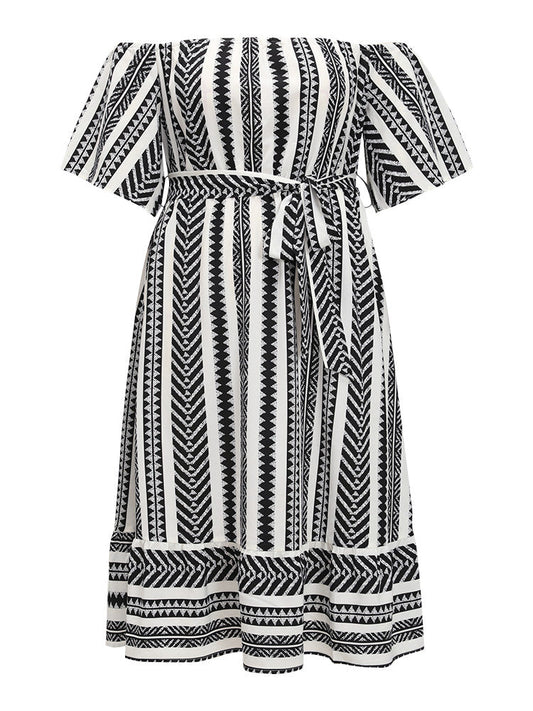 Striped Off Shoulder Pocket Patchwork Belted Dress